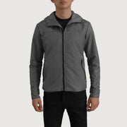 
Detailopname of Classic Collar & Zipper With Inside Wind Flap. Hardware on Wesley Grey Hooded Windbreaker Leren Jas voor Heren