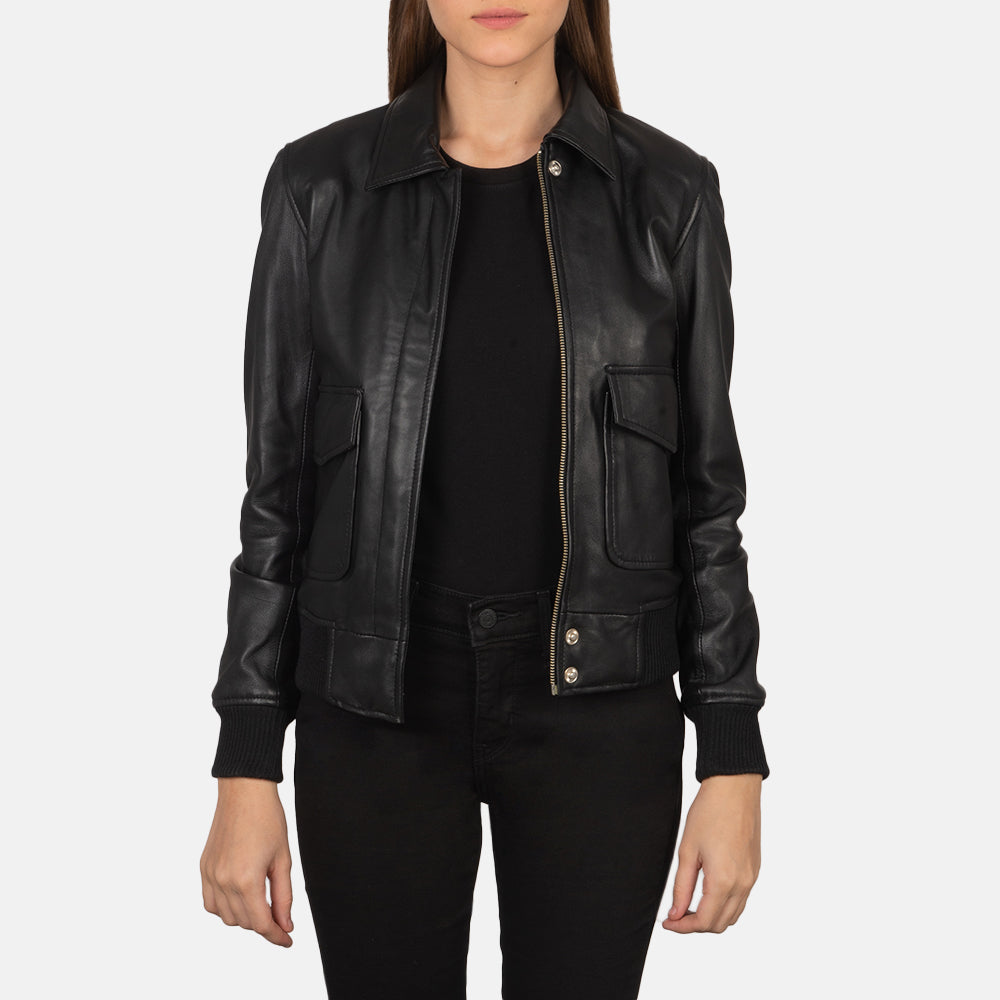 
Westa A-2 Black Leather Bomber Jacket in Black Sheepskin Leather - Vooraanzicht & getailleerd silhouet | Online kopen