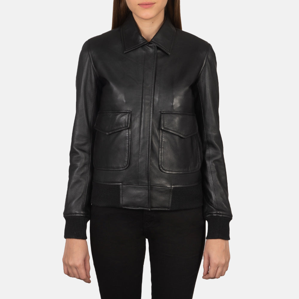 
Detailopname of Shirt & Zipper with Button Flap Hardware on Westa A-2 Black Leather Bomber Jacket