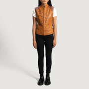 
Detailopname of Classic Collar & Zipper Hardware on Westina Lichtbruin Dye Leren Gilet voor Dames