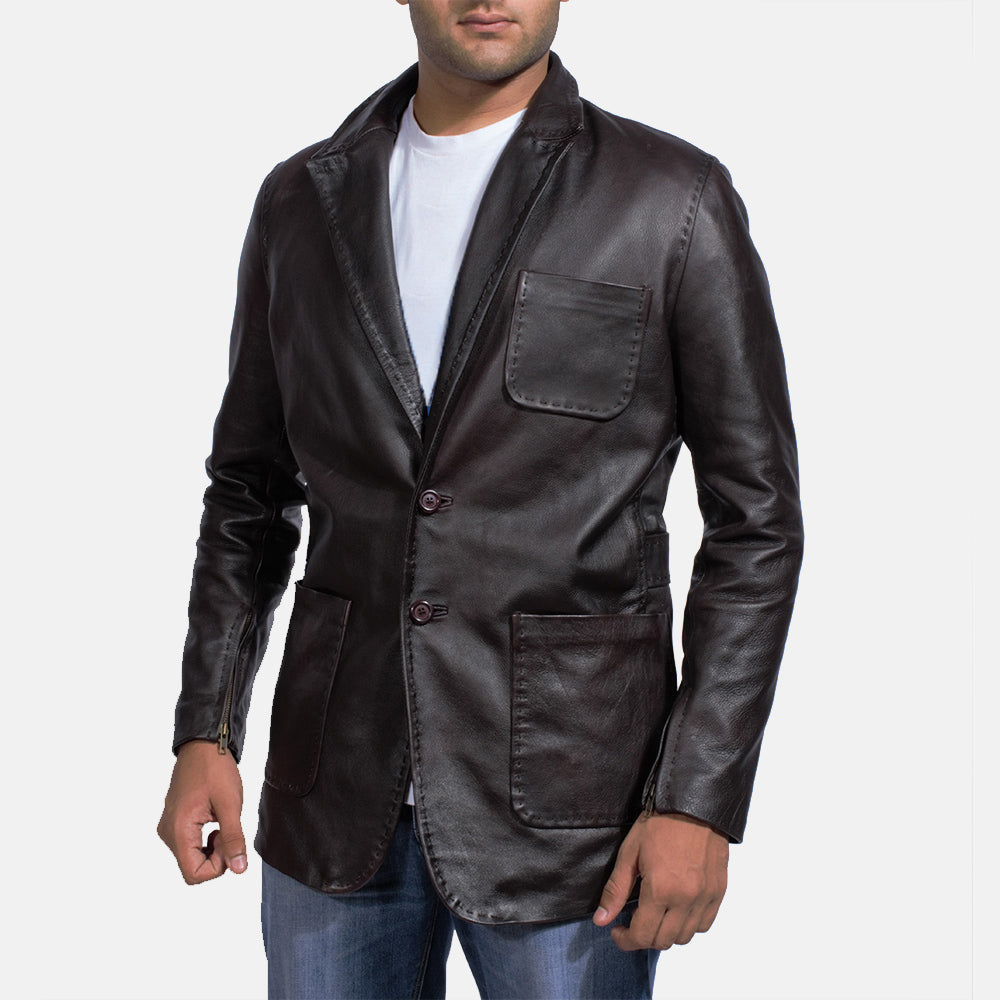 Men's Wine Zwart Leren Leren Blazer voor Heren in Dark Brown Cow Hide Leather - Front Profile View &amp; Tailored Silhouette | Buy Online