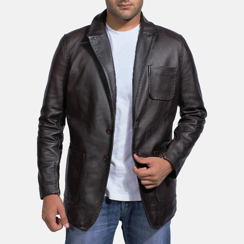 Wine Zwart Leren Leren Blazer voor Heren