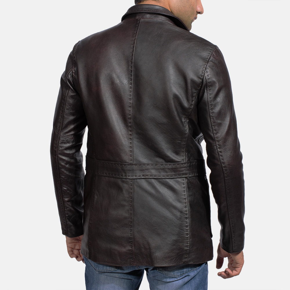 Men's Wine Zwart Leren Leren Blazer voor Heren - Lateral Side Profile View Showing Sleeve Cut &amp; Athletic Taper Fit