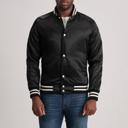 Xander Zwart Varsity Leren Jas voor Heren in Black Satin - Front Profile View &amp; Tailored Silhouette | Buy Online