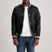 Xander Zwart Varsity Leren Jas voor Heren - Lateral Side Profile View Showing Sleeve Cut &amp; Athletic Taper Fit