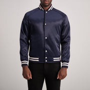 Xander Blauw Varsity Leren Jas voor Heren in Blue Satin - Front Profile View &amp; Tailored Silhouette | Buy Online