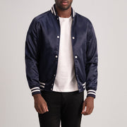 Xander Blauw Varsity Leren Jas voor Heren - Lateral Side Profile View Showing Sleeve Cut &amp; Athletic Taper Fit