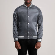 Xander Grey Varsity Leren Jas voor Heren in Grey Satin - Front Profile View &amp; Tailored Silhouette | Buy Online