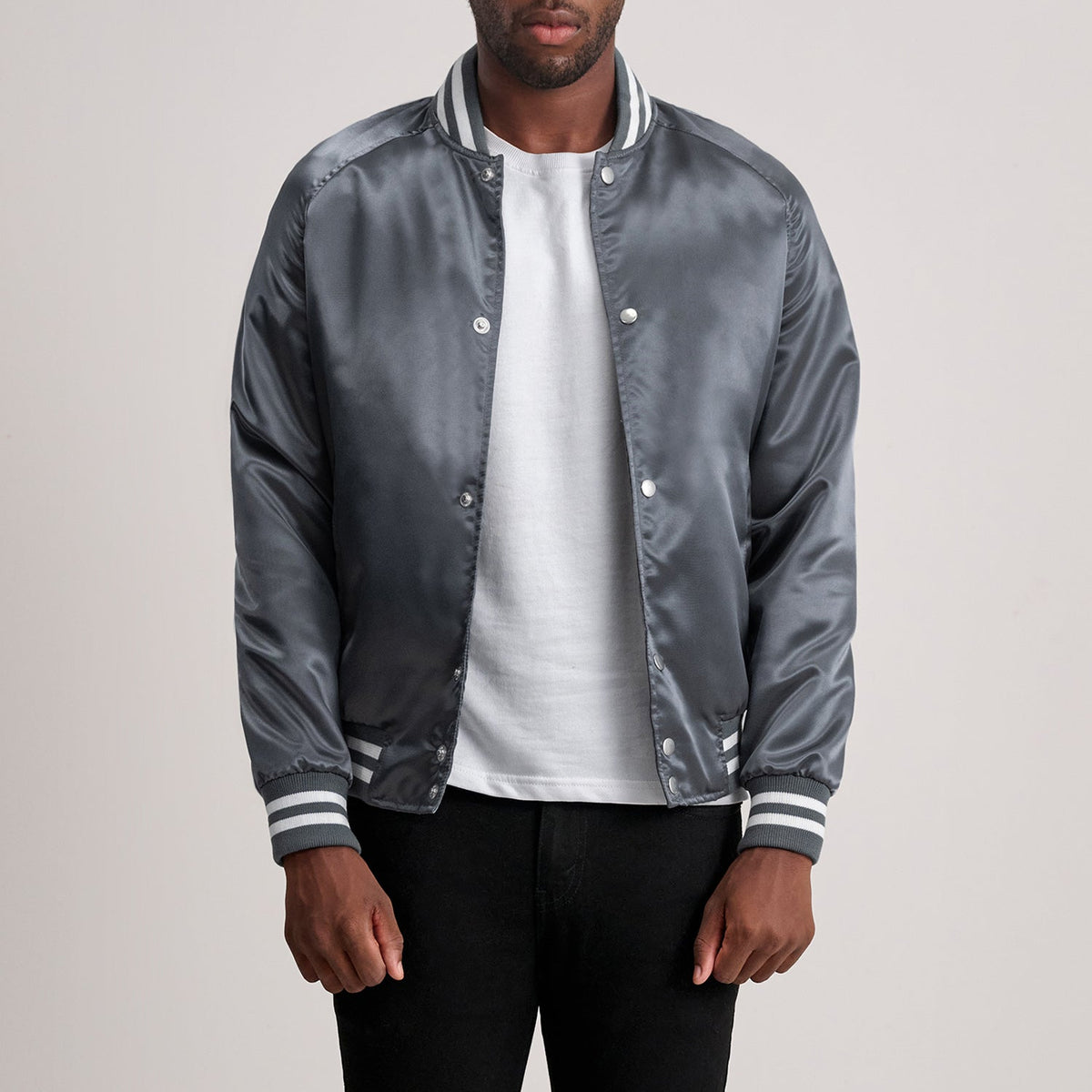 Xander Grey Varsity Leren Jas voor Heren - Lateral Side Profile View Showing Sleeve Cut &amp; Athletic Taper Fit