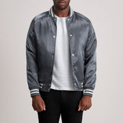Xander Grey Varsity Leren Jas voor Heren - Lateral Side Profile View Showing Sleeve Cut &amp; Athletic Taper Fit