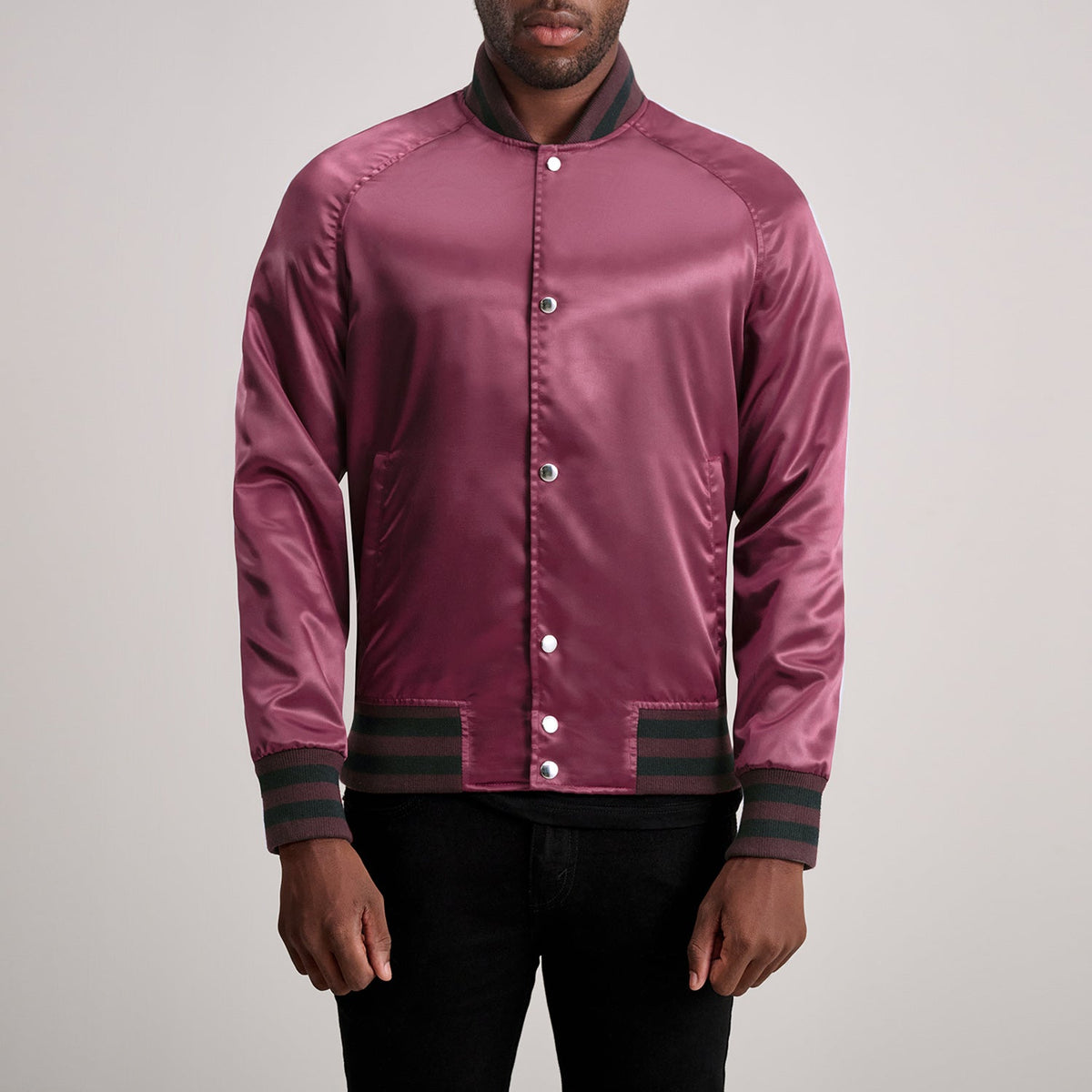 Xander Kastanjebruin Varsity Leren Jas voor Heren in Maroon Satin - Front Profile View &amp; Tailored Silhouette | Buy Online