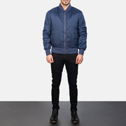 Men's Zack Blauw Leren Bomberjack voor Heren - Lateral Side Profile View Showing Sleeve Cut &amp; Athletic Taper Fit