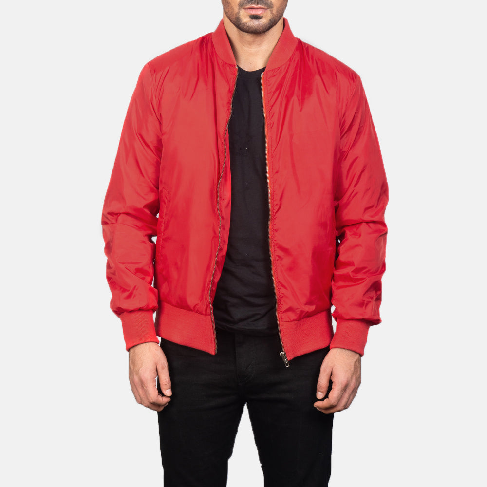 Men's Zack Rood Leren Bomberjack voor Heren in Red Nylon - Front Profile View &amp; Tailored Silhouette | Buy Online