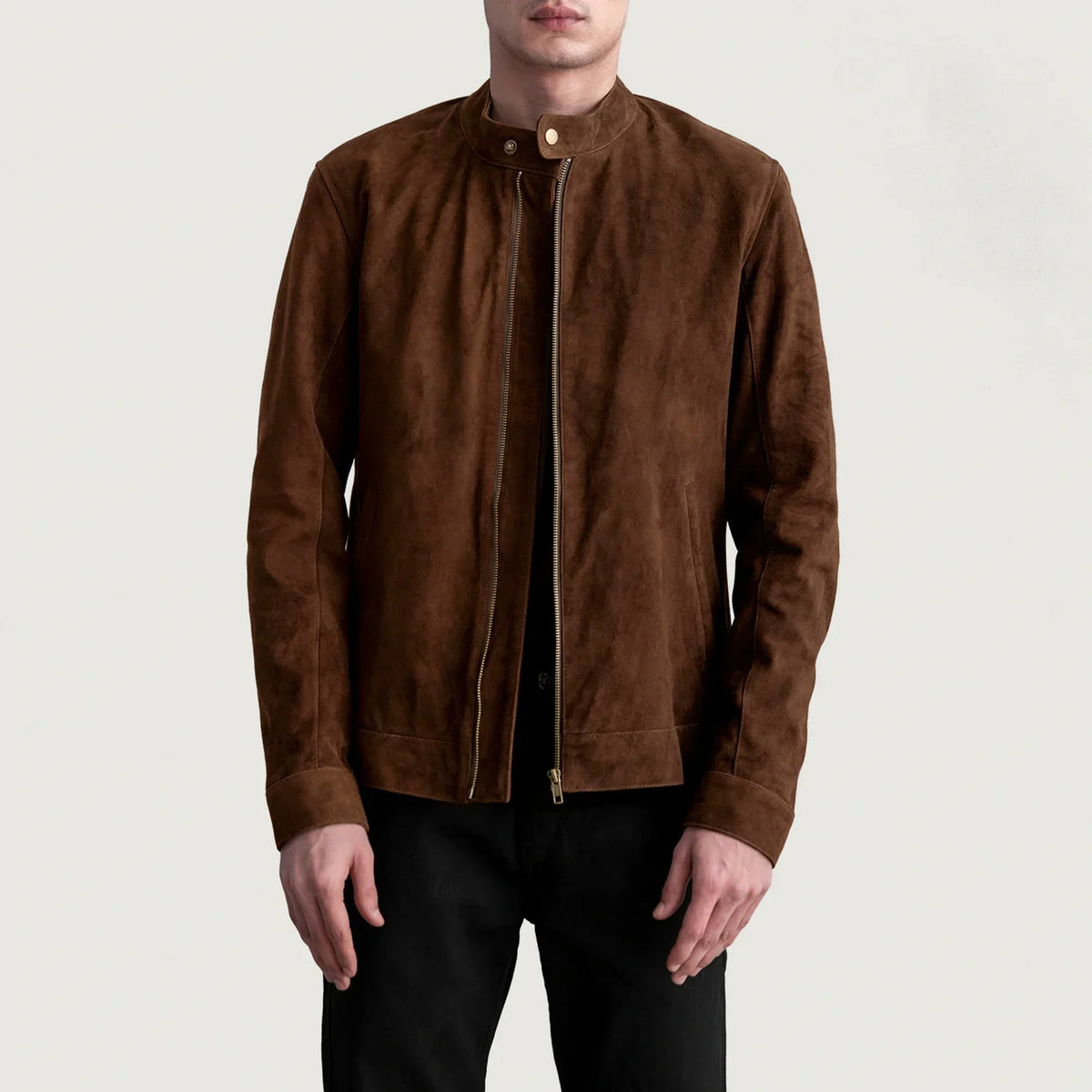 Zen Bruin Suede Leren Bikerjack voor Heren in Brown Goatskin Suede - Front Profile View &amp; Tailored Silhouette | Buy Online