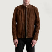 Zen Bruin Suede Leren Bikerjack voor Heren in Brown Goatskin Suede - Front Profile View &amp; Tailored Silhouette | Buy Online