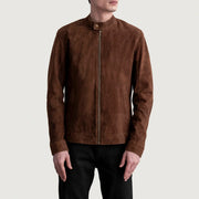 Zen Bruin Suede Leren Bikerjack voor Heren - Lateral Side Profile View Showing Sleeve Cut &amp; Athletic Taper Fit