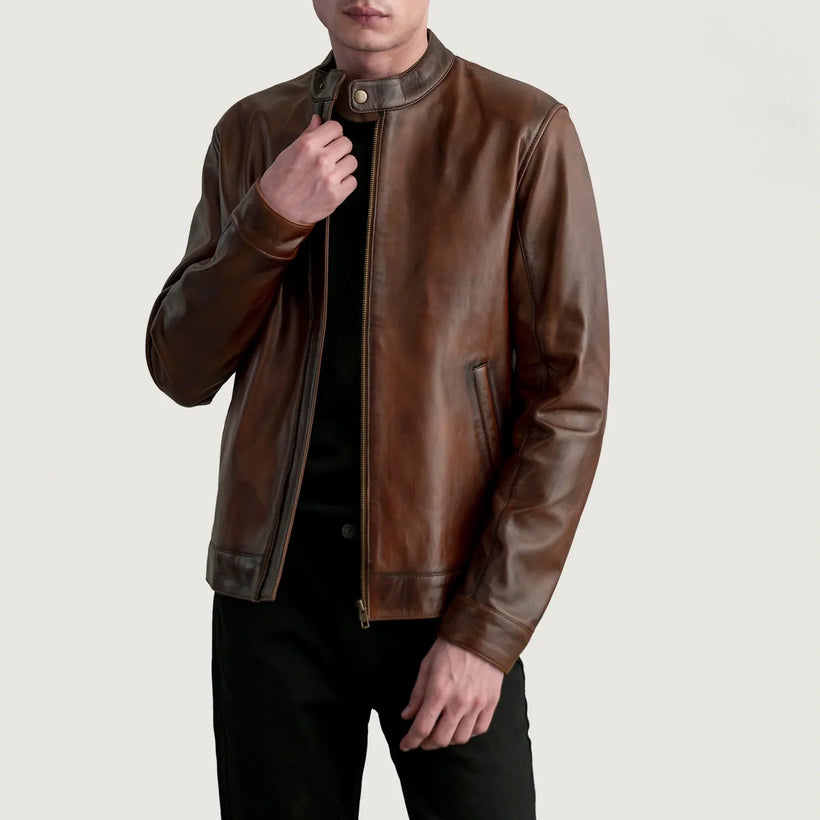 Zen Distressed Bruin Leren Bikerjack voor Heren