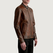 
Distressed Brown Sheepskin Leather Biker Jacket - Achteraanzicht met getailleerde schouders & strakke zoom