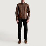 
Detailopname of Snap Button & Zipper Hardware on Zen Distressed Bruin Leren Bikerjack voor Heren