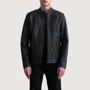 Zen Matte Zwart Leren Bikerjack voor Heren in Matte Black Cowhide Leather - Front Profile View &amp; Tailored Silhouette | Buy Online