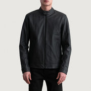 Zen Matte Zwart Leren Bikerjack voor Heren - Lateral Side Profile View Showing Sleeve Cut &amp; Athletic Taper Fit