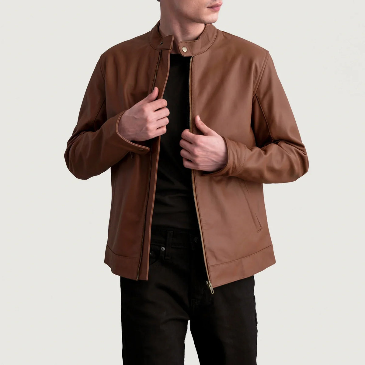 Zen Matte Bruin Leren Bikerjack voor Heren in Matte Brown Cowhide Leather - Front Profile View &amp; Tailored Silhouette | Buy Online