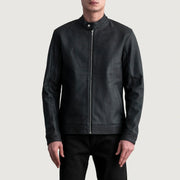Zen Tumbled Zwart Leren Bikerjack voor Heren in Tumbled Black Sheepskin Leather - Front Profile View &amp; Tailored Silhouette | Buy Online