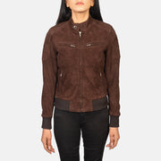 
Detailopname of Band with Snap Button & Zipper Hardware on Zenna Mocha Suede Bomber Jacket
